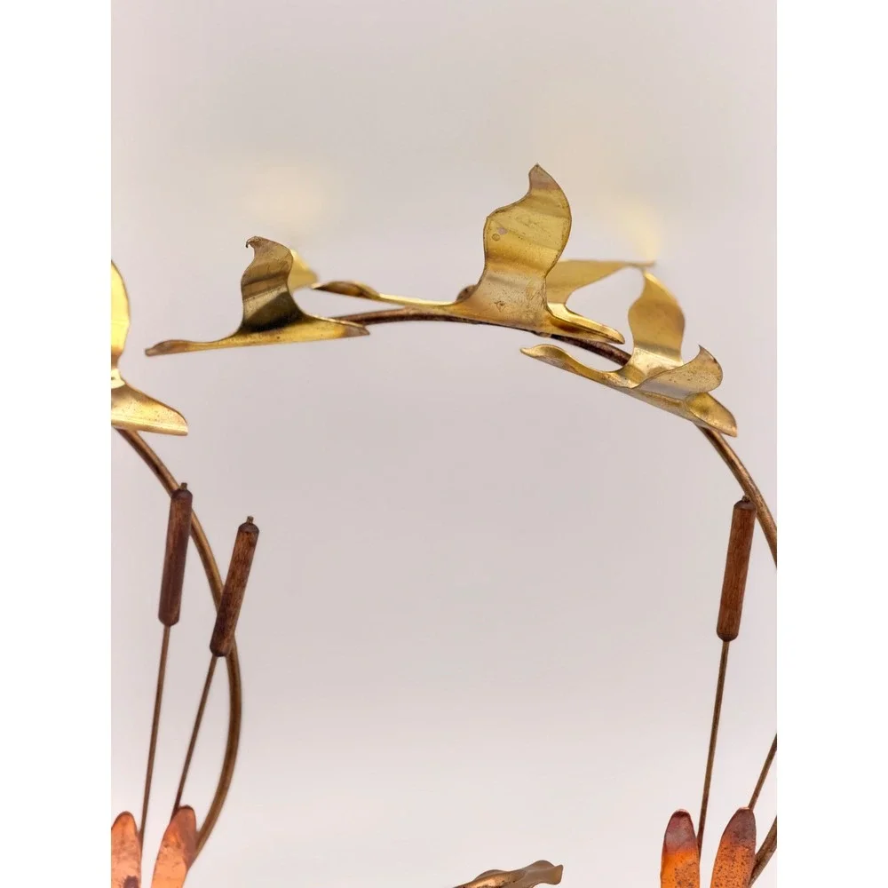Vintage Brutalist Brass Copper Flying Geese Cattails Candle Holder Set Pair MCM